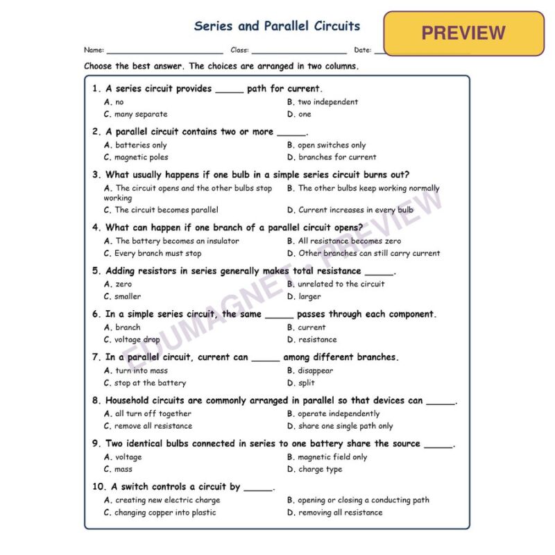 Series And Parallel Circuits MCQ Fill Written Exit Worksheet SOL Grade 8