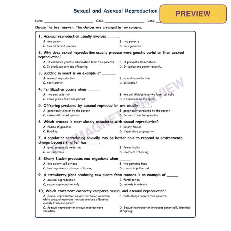 Sexual And Asexual Reproduction MCQ Fill Written Exit Worksheet SOL Life Science