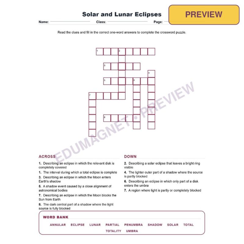 Solar And Lunar Eclipses (Crossword Worksheets) Grade 8 NGSS