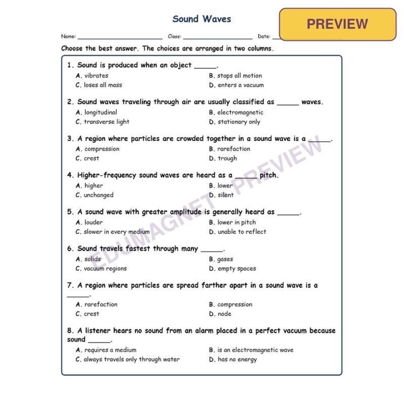 Sound Waves Fill MCQ Written Exit Tickets Worksheet SOL Physical Science