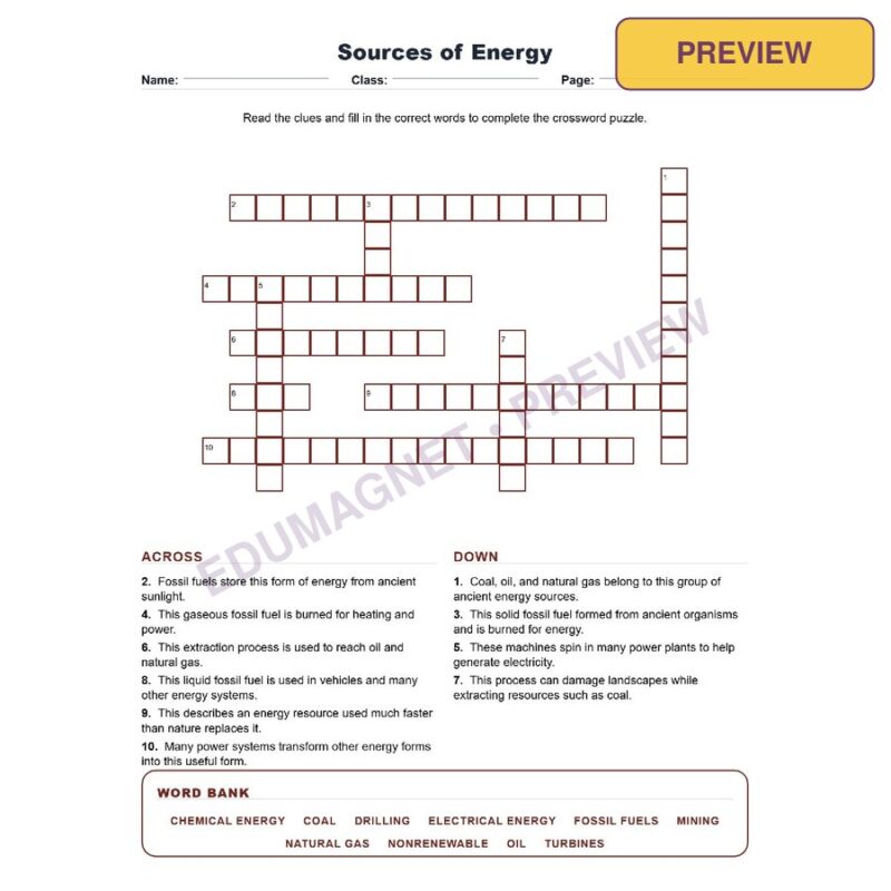 Sources Of Energy (Crossword Worksheets) Grade 8 Science Chapter 7