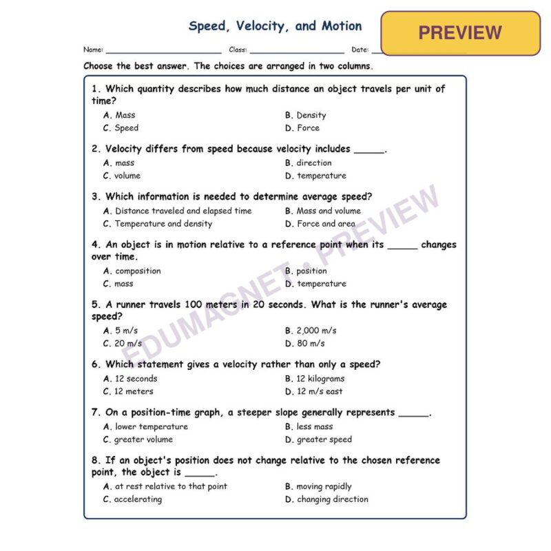 Speed, Velocity, And Motion Physical Science Virginia SOL PS.8A MCQ Fill Short E