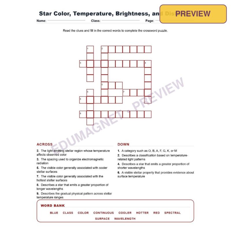 Star Color Temperature Brightness And Distance (Crossword Worksheets) Grade 8 NGSS