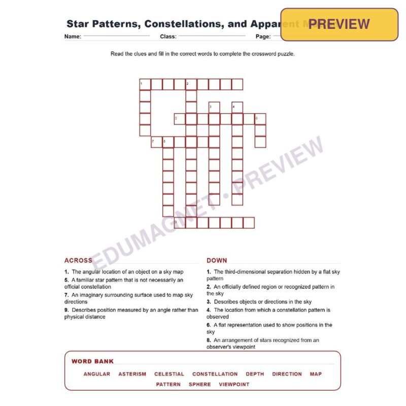 Star Patterns Constellations And Apparent Motion (Crossword Worksheets) Grade 8 NGSS