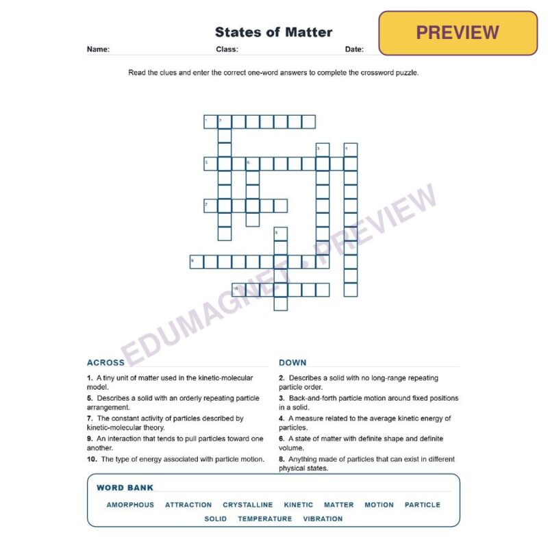States Of Matter Crossword Worksheets Grade 8 Science