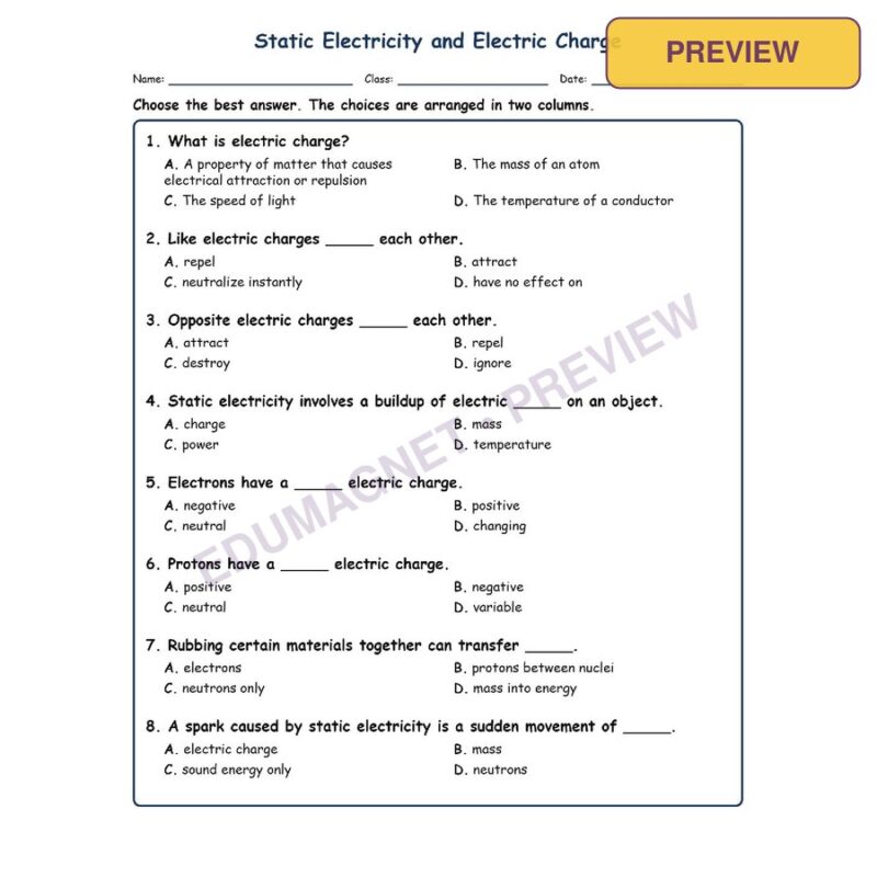 Static Electricity MCQs Fill Written Exit Tickets Worksheet SOL Physical Science
