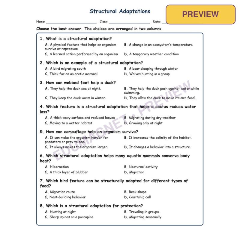 Structural Adaptations Life Science Virginia SOL LS.7B MCQ Fill Short Exit Works