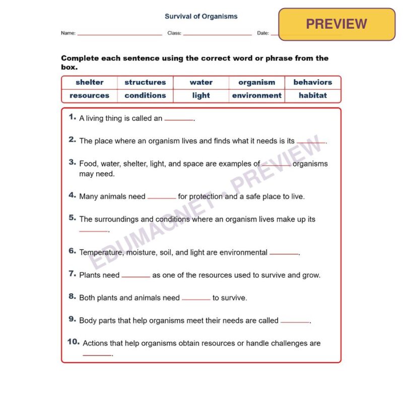 Survival Of Organisms Fill MCQ Written Exit Tickets Worksheet NGSS Grade 3