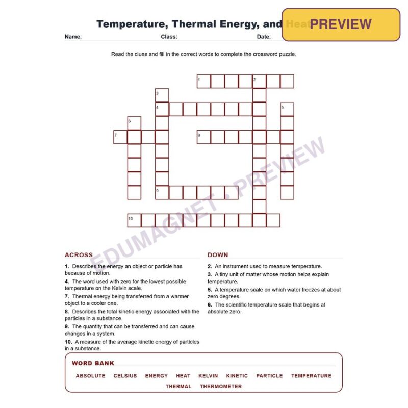 Temperature Thermal Energy And Heat (Crossword Worksheets) Grade 8 Science