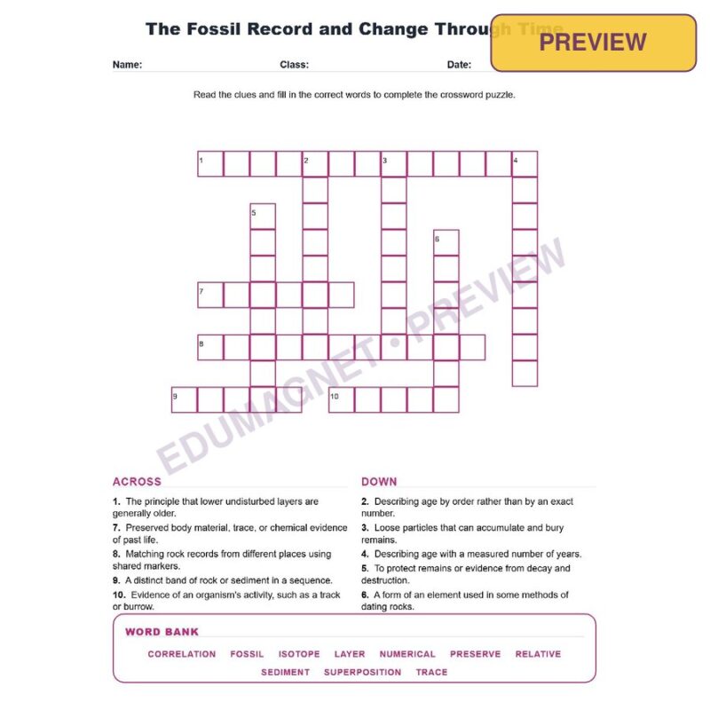 The Fossil Record And Change Through Time (Crossword Worksheets) Grade 8 NGSS MS LS4 1