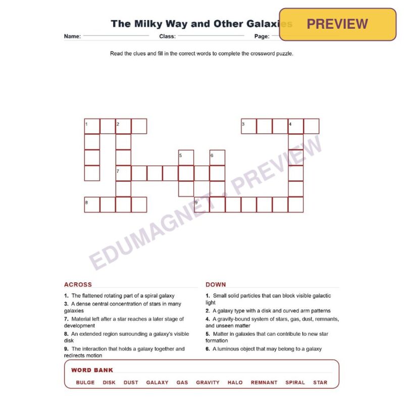 The Milky Way And Other Galaxies (Crossword Worksheets) Grade 8 NGSS