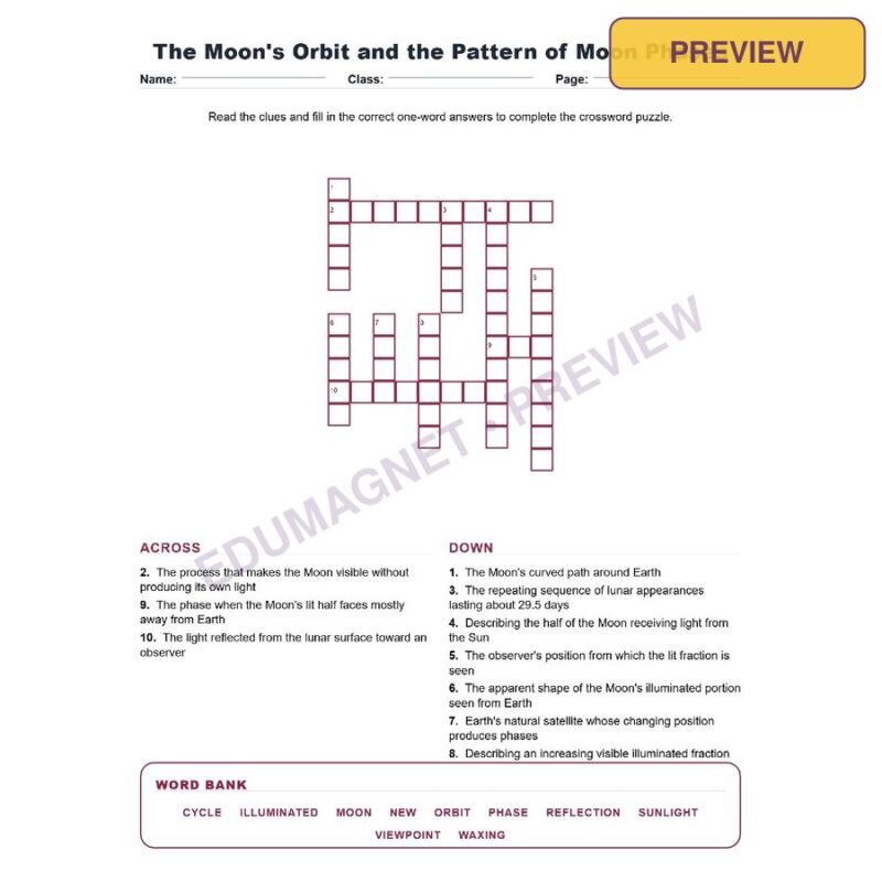 The Moon's Orbit And The Pattern Of Moon Phases (Crossword Worksheets) Grade 8 NGSS