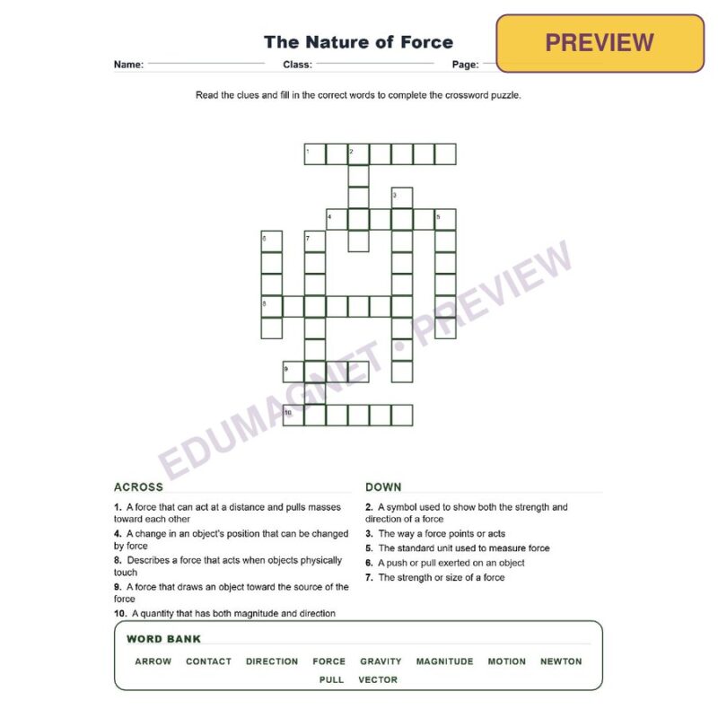 The Nature Of Force (Crossword Worksheets) Grade 8 Science Forces