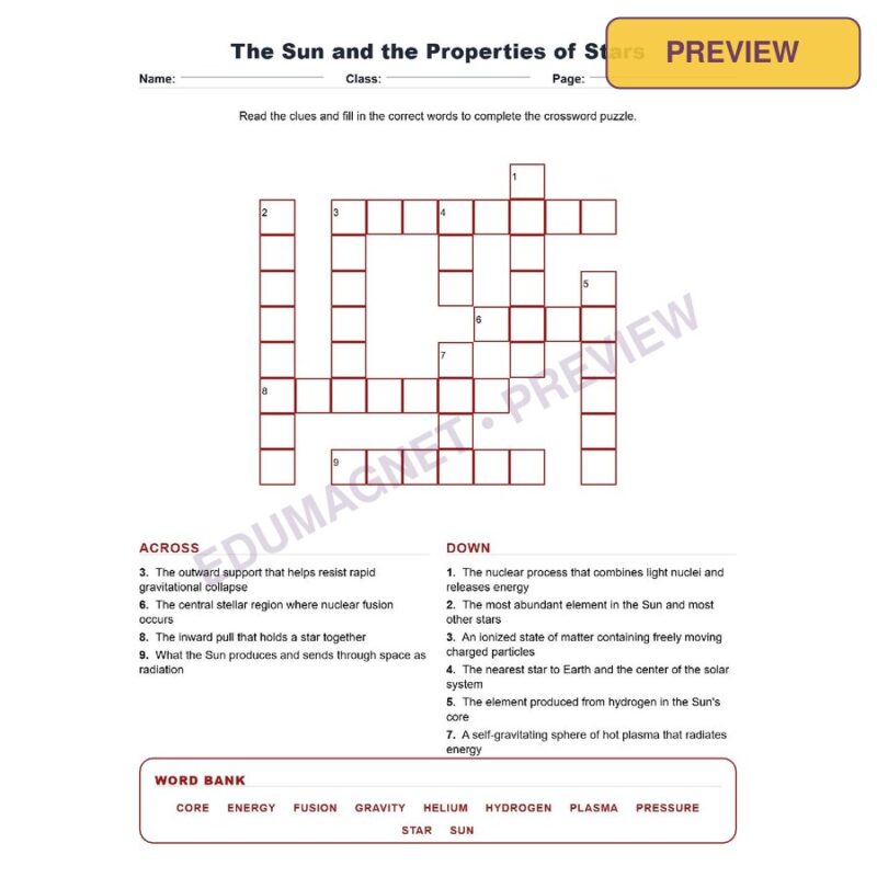 The Sun And The Properties Of Stars (Crossword Worksheets) Grade 8 NGSS