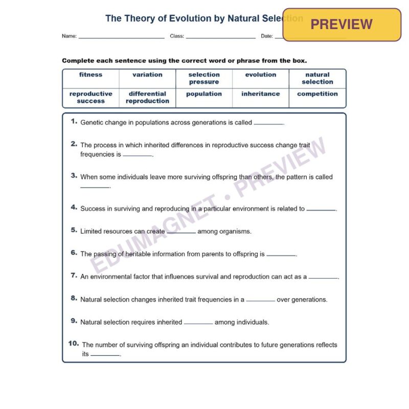 The Theory Of Evolution By Fill MCQ Written Exit Tickets Worksheet NGSS Grade 8