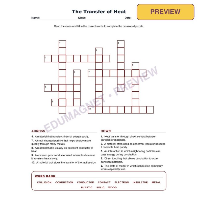 The Transfer Of Heat (Crossword Worksheets) Grade 8 Science