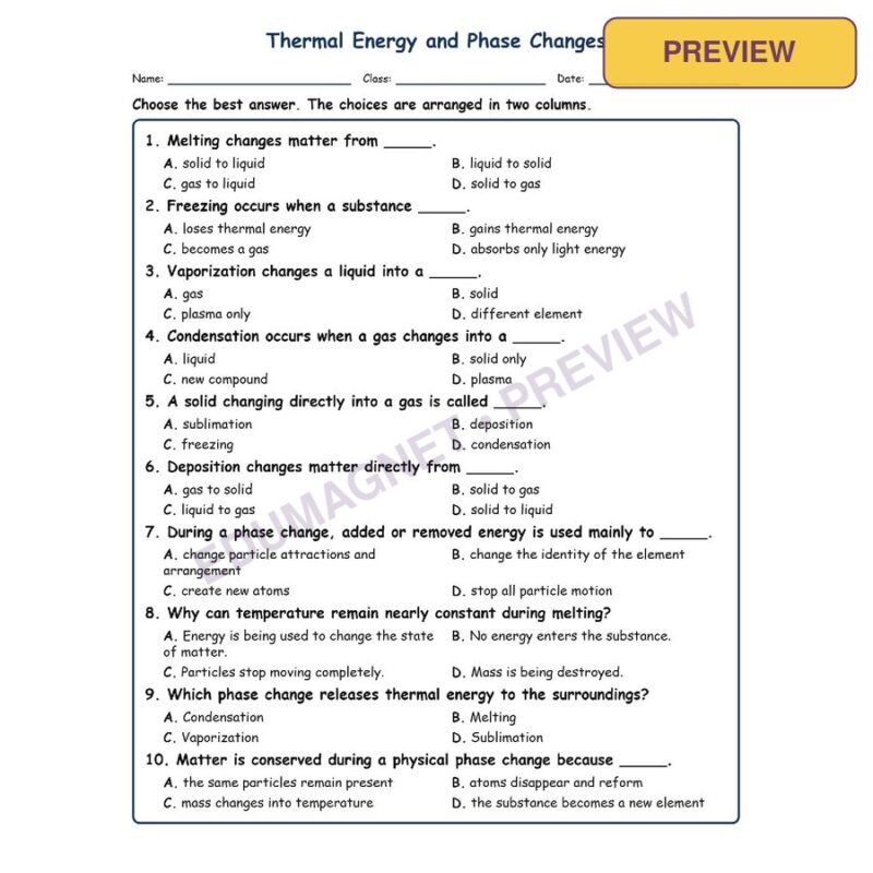 Thermal Energy And Phase Changes MCQ Fill Written Exit Tickets Worksheet SOL