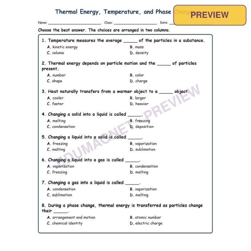 Thermal Energy Fill MCQ Written Exit Tickets Worksheet SOL Physical Science