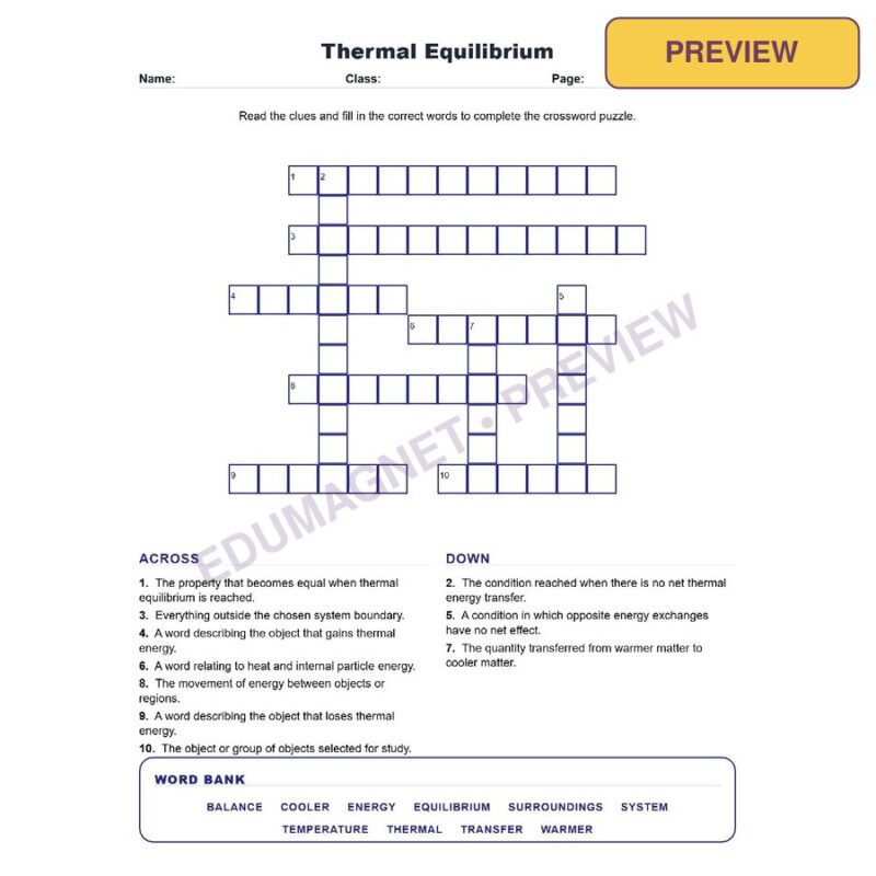 Thermal Equilibrium (Crossword Worksheets) Science TEKS 7.8B