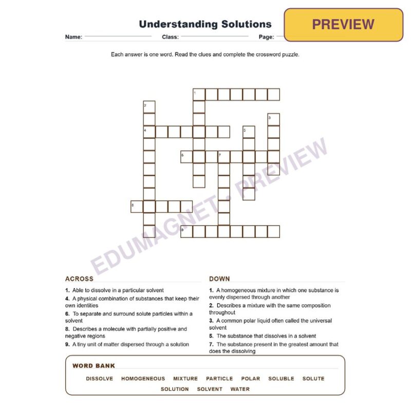 Understanding Solutions (Crossword Worksheets) Grade 8 Science