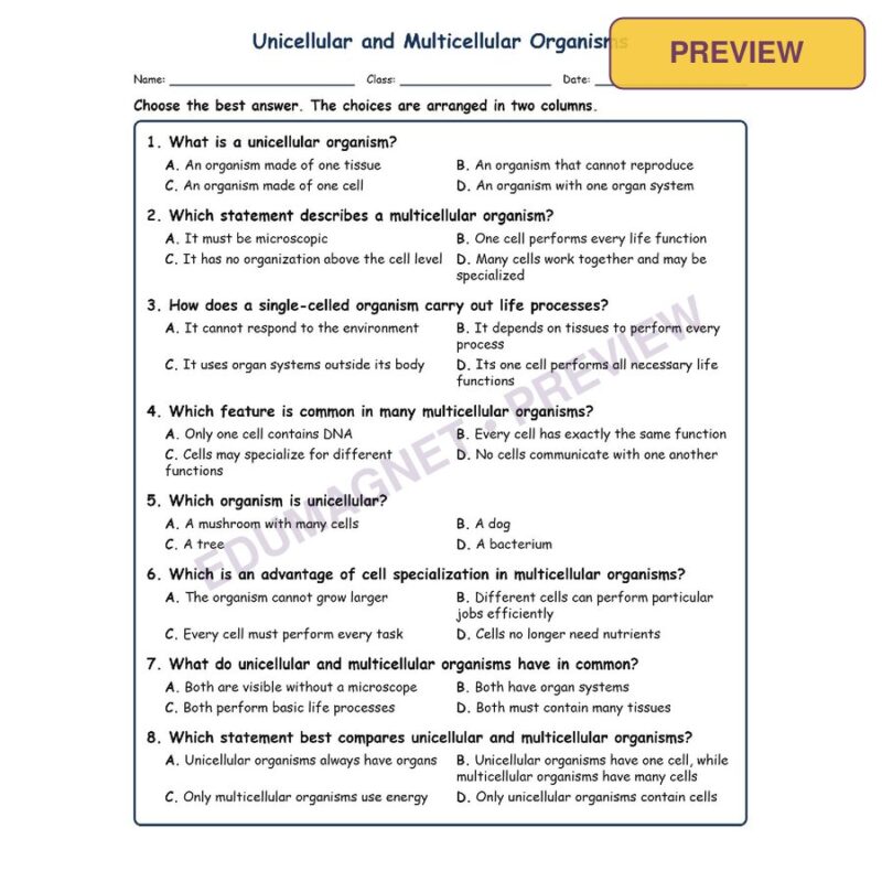 Unicellular And Multicellular Organisms Life Science Virginia SOL LS.3B MCQ Fill