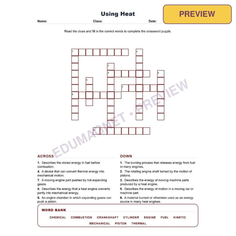 Using Heat (Crossword Worksheets) Grade 8 Science
