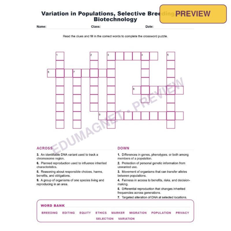 Variation In Populations, Selective Breeding, And Biotechnology (Crossword Worksheets) NGSS MS LS3 1, MS LS3 2, MS LS4 5