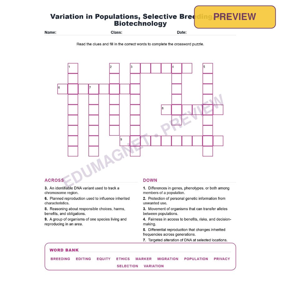 Variation In Populations, Selective Breeding, And Biotechnology (Crossword Worksheets) NGSS MS LS3 1, MS LS3 2, MS LS4 5