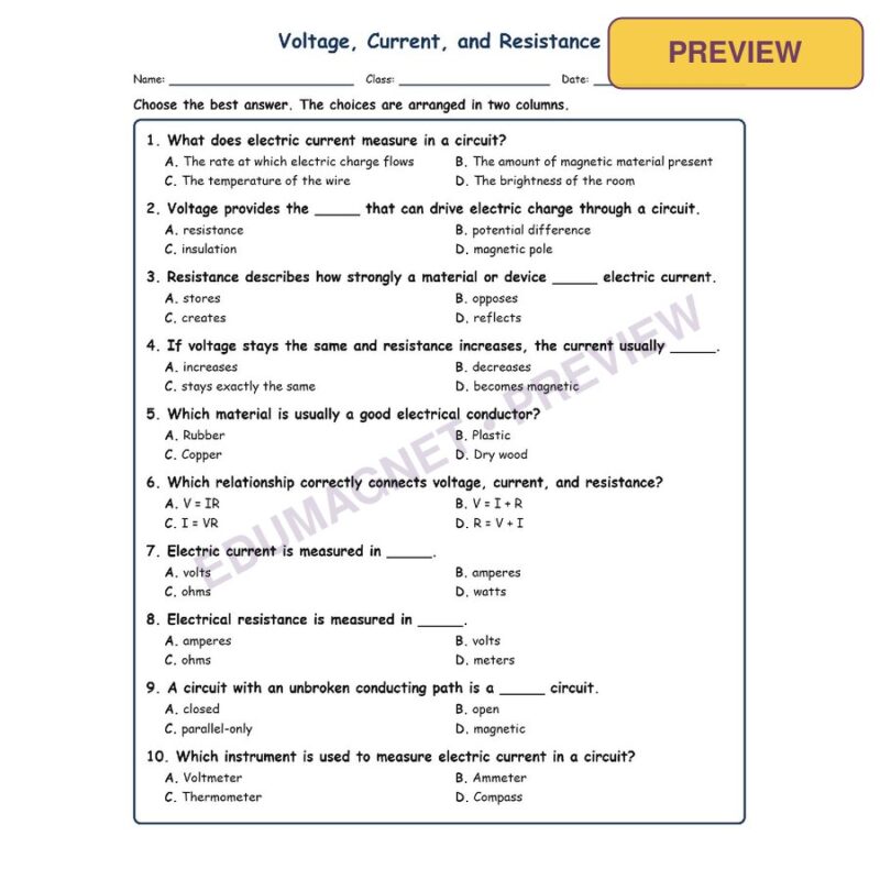 Voltage, Current, And Resistance MCQ Fill Written Exit Worksheet SOL Grade 8