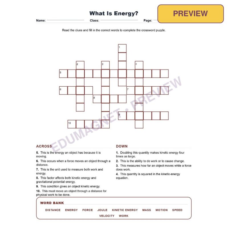 What Is Energy (Crossword Worksheets) Grade 8 Science Chapter 7