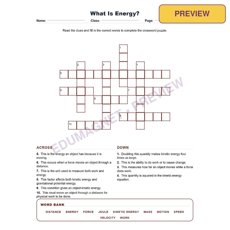 What Is Energy (Crossword Worksheets) Grade 8 Science Chapter 7