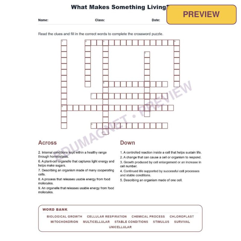 What Makes Something Living (Crossword Worksheets) Virginia Grade 7 Life Science SOL LS.2