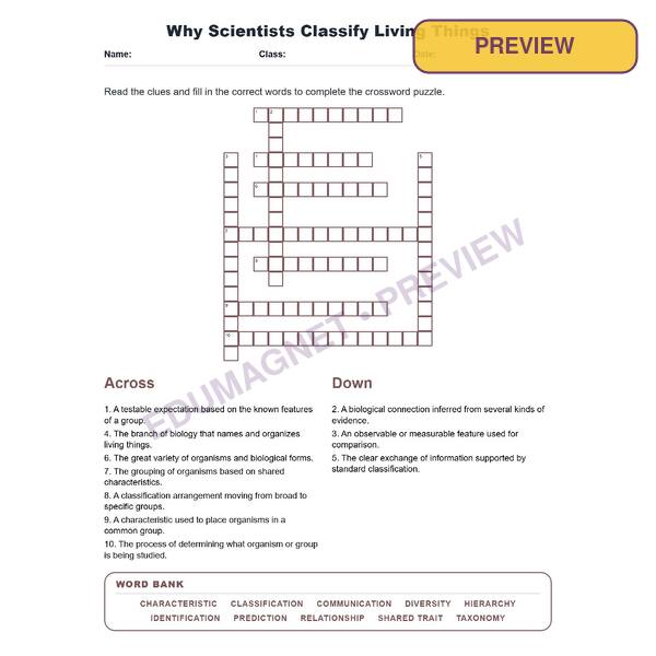Why Scientists Classify Living Things Crossword Worksheets Virginia SOL LS.3c