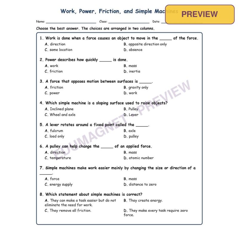 Work, Power, MCQs Fill Written Exit Tickets Worksheet SOL Physical Science
